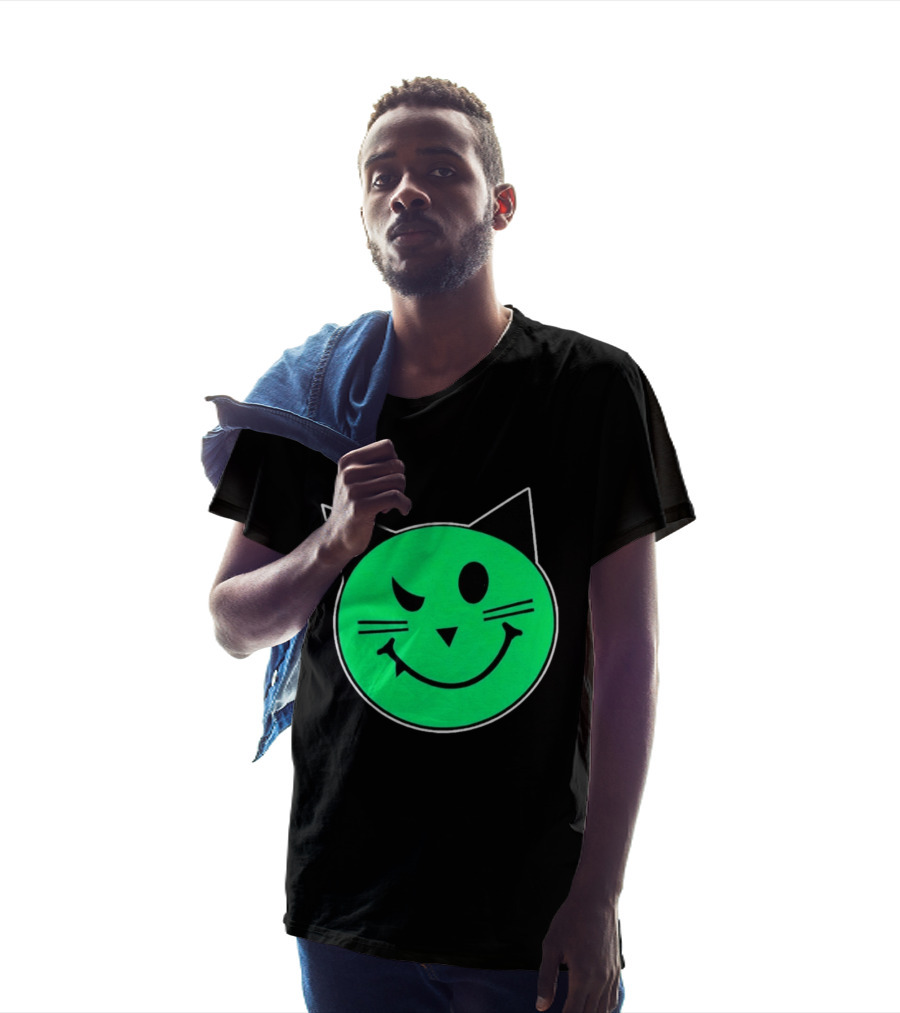 Taliesin Wearing MeowMeowz Smiling Cat Face With Green Circle Black Ears Whiskers T-Shirt