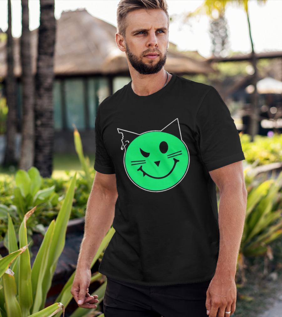Taliesin Wearing MeowMeowz Smiling Cat Face With Green Circle Black Ears Whiskers T-Shirt