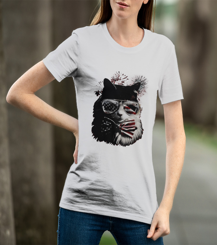 American Flag Cat Sunglasses And Bowtie Fireworks Independence Day T-Shirt