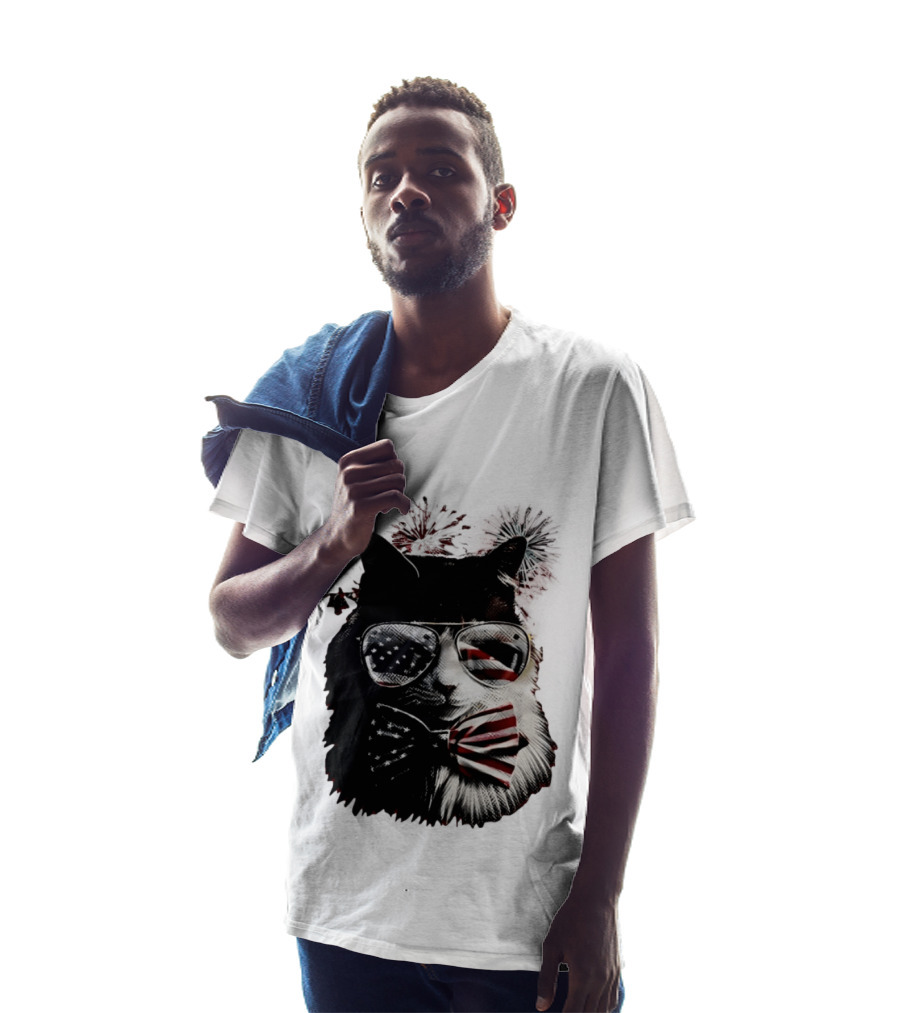 American Flag Cat Sunglasses And Bowtie Fireworks Independence Day T-Shirt