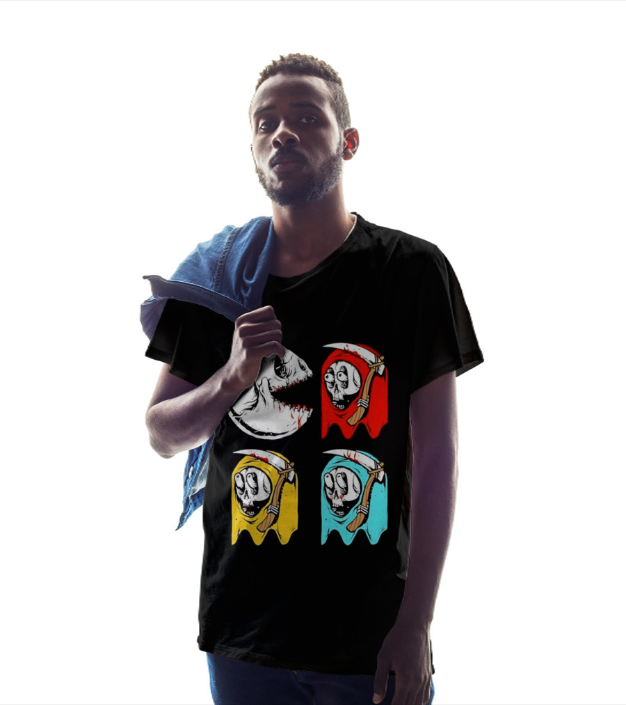 Pac Man Skeleton Skull Ghost Grim Reaper Red Yellow Blue T-Shirt