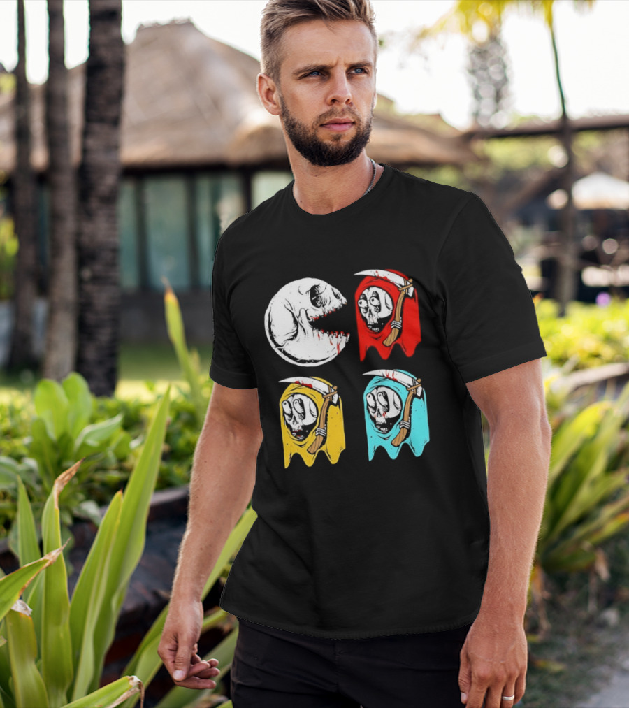 Pac Man Skeleton Skull Ghost Grim Reaper Red Yellow Blue T-Shirt