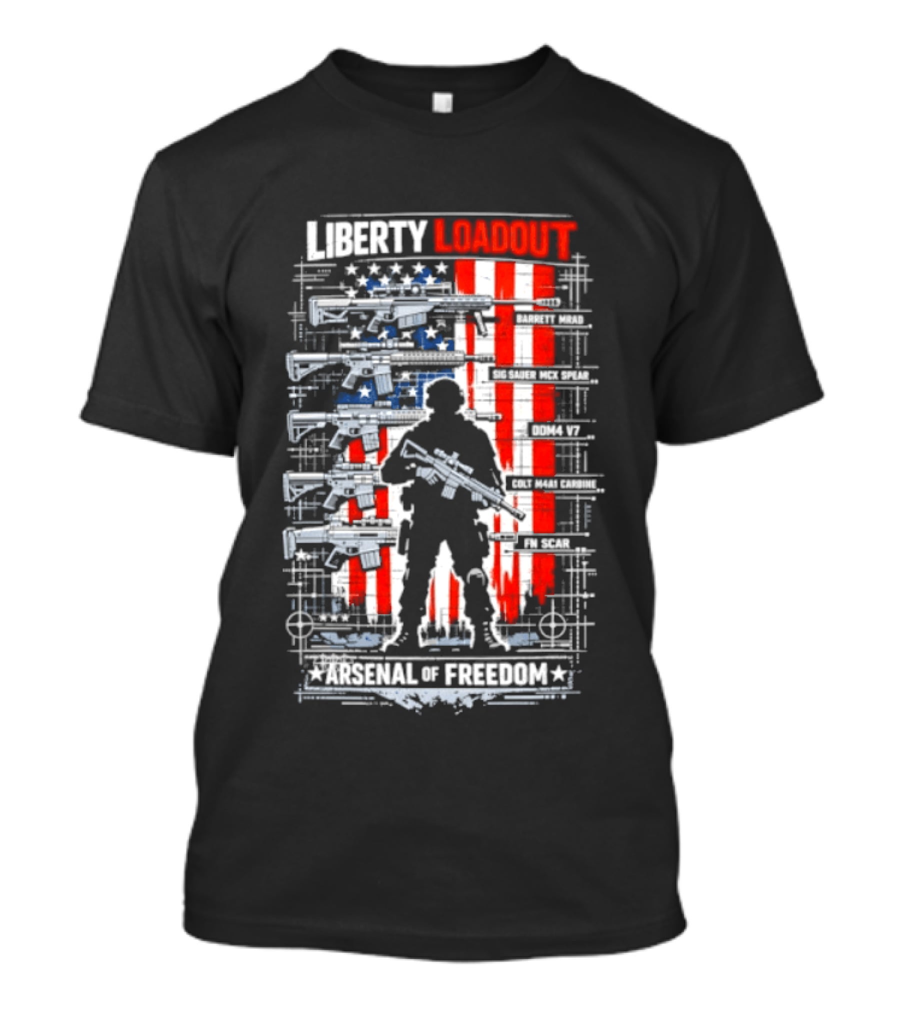 Liberty Loadout Arsenal Of Freedom USA Flag Soldier T-Shirt
