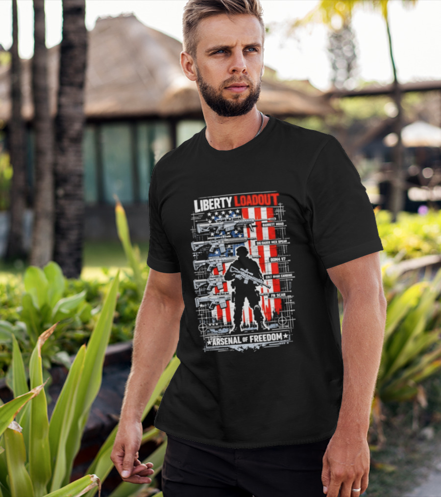 Liberty Loadout Arsenal Of Freedom USA Flag Soldier T-Shirt