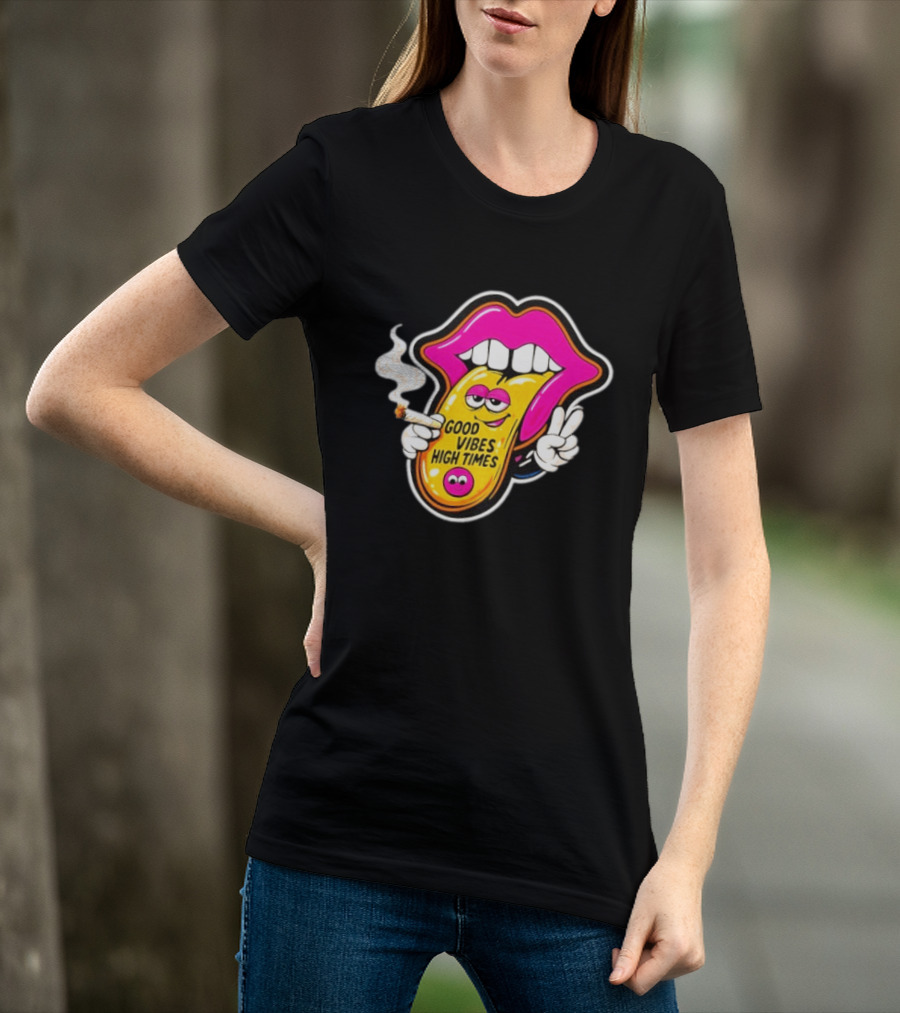 Good Vibes High Times Smoking Tongue And Peace Sign T-Shirt