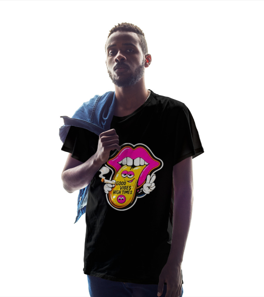 Good Vibes High Times Smoking Tongue And Peace Sign T-Shirt