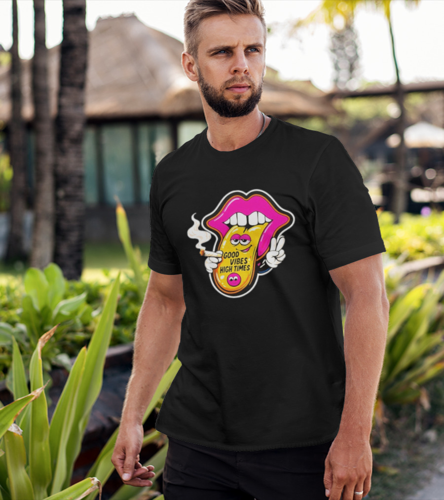 Good Vibes High Times Smoking Tongue And Peace Sign T-Shirt