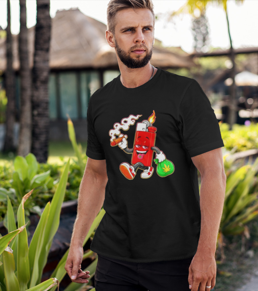 Flame Lighter And Smoking Joint With Cannabis Bag Cartoon T-Shirt