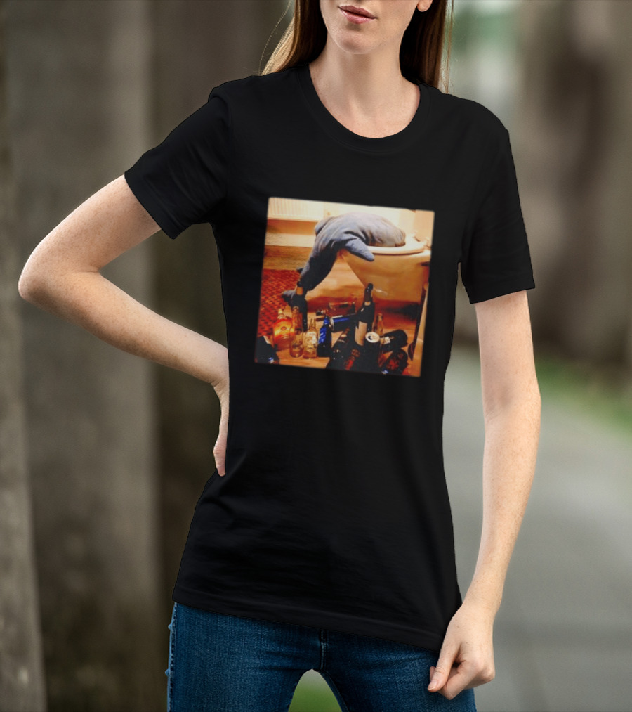 Shark Over Toilet With Alcohol Bottles Party Aftermath T-Shirt