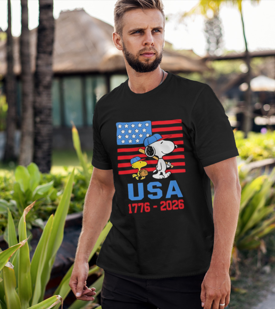 Snoopy Woodstock Peanuts USA Baseball American Flag 1776 2026 T-Shirt