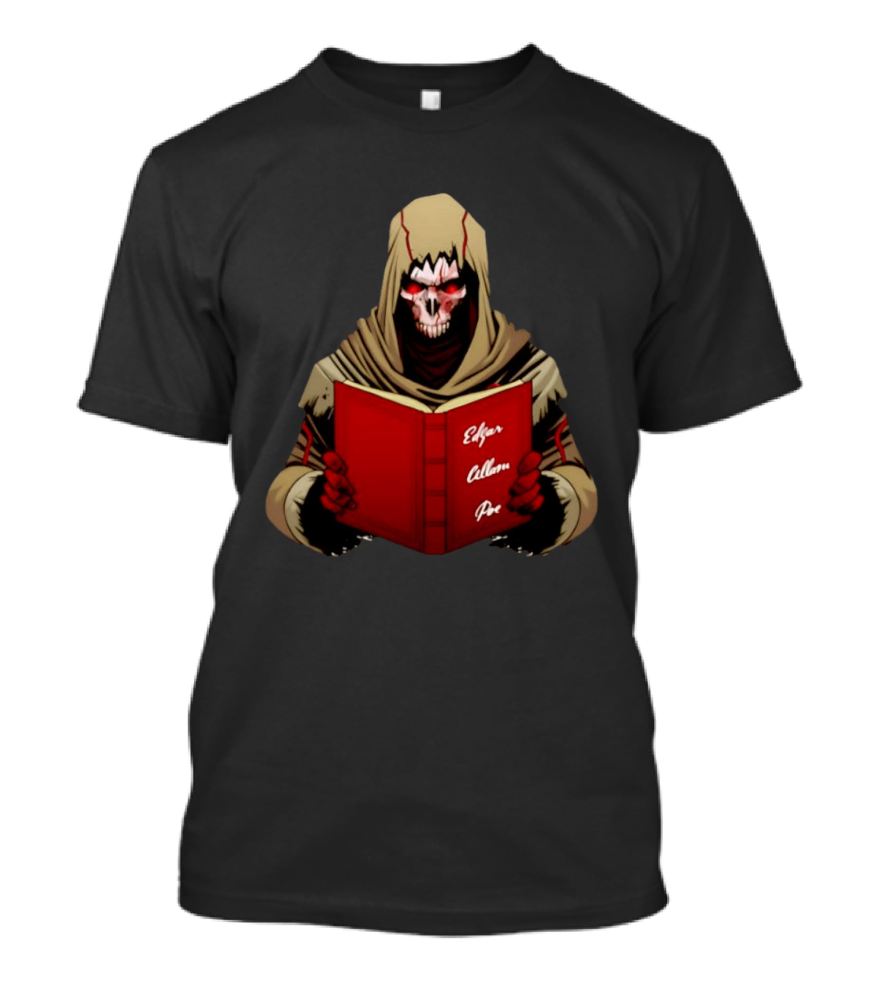 Grim Reaper Hooded Skeleton With Red Eyes Holding Edgar Allan Poe Book T-Shirt