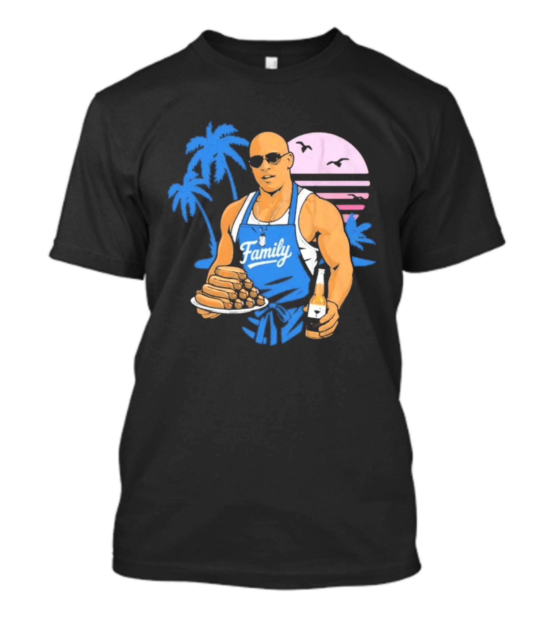 KCCO Family BBQ With Hot Dogs Palm Trees Sunset Birds T-Shirt