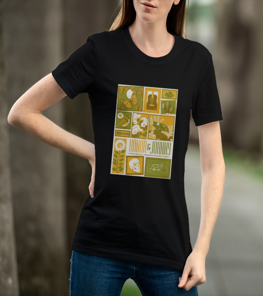 Hanah & Johnny May 30 2026 Ringer's Bar & Restaurant Slinger WI Butterfly Guitar Skull Bicycle Floral T-Shirt
