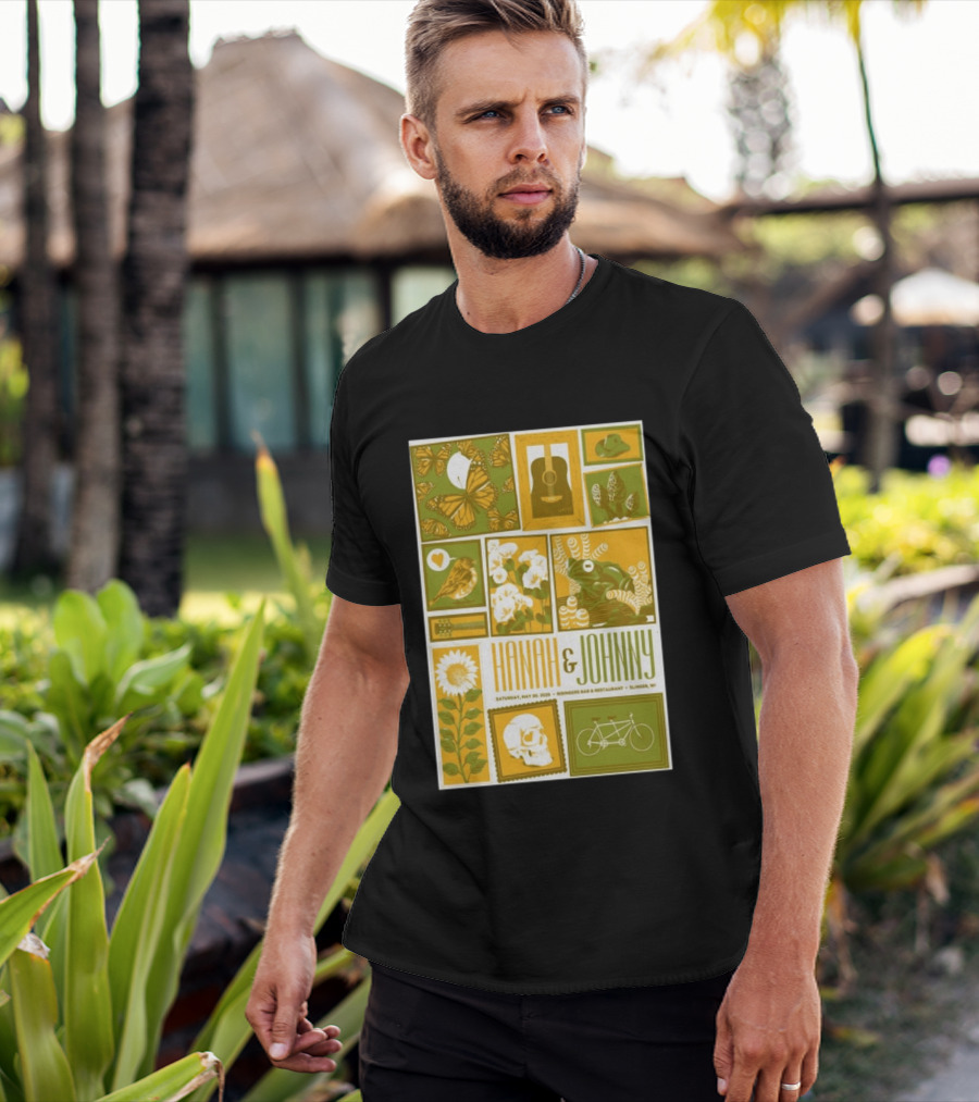 Hanah & Johnny May 30 2026 Ringer's Bar & Restaurant Slinger WI Butterfly Guitar Skull Bicycle Floral T-Shirt