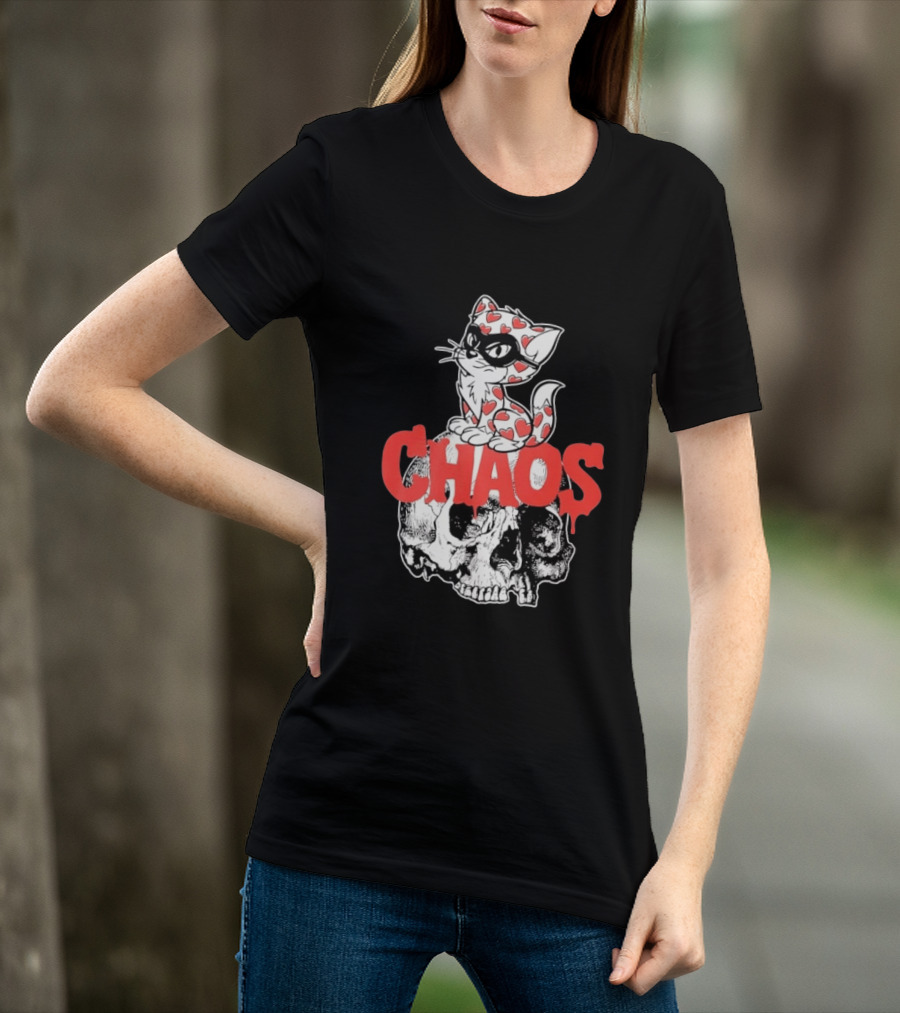 Chaos Cat Heart Pattern Masked Skull T-Shirt