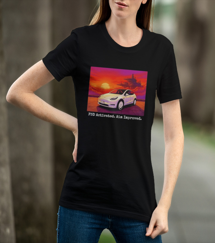 Tesla Model Y FSD Activated Aim Improved Sunset Futuristic City Scene T-Shirt