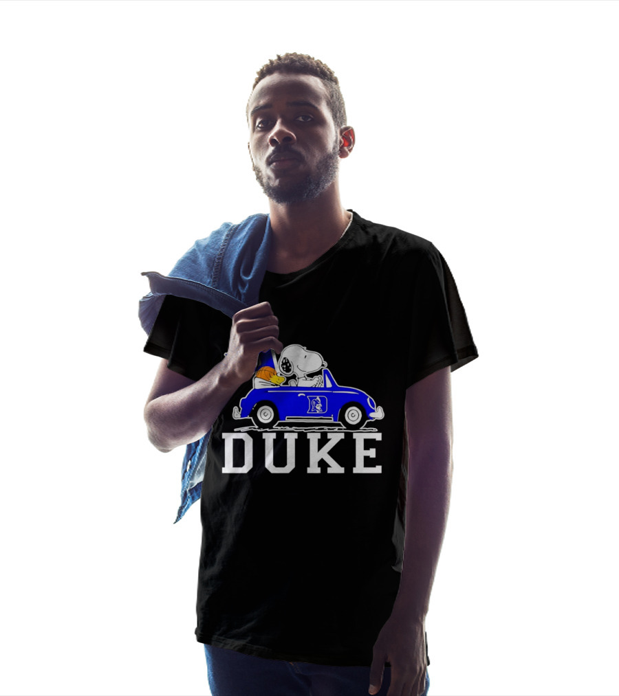 Snoopy And Woodstock Driving Duke Blue Car With Duke Blue Devils Flag T-Shirt