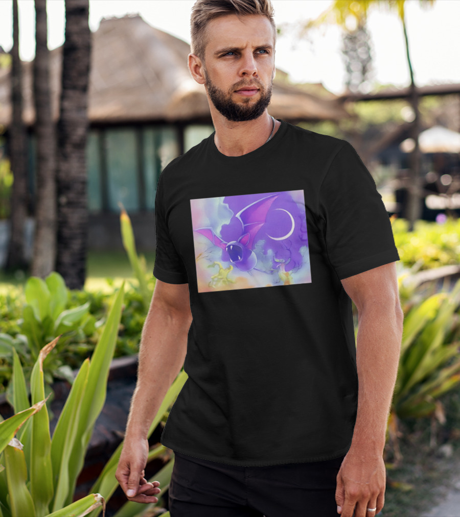 Spooky Bat With Pink Wings Flying Under Crescent Moon Halloween Night Scene T-Shirt