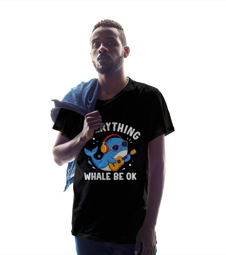 Everything Whale Be Ok Whale Playing Ukulele With Headphones Ocean Animal Music T-Shirt