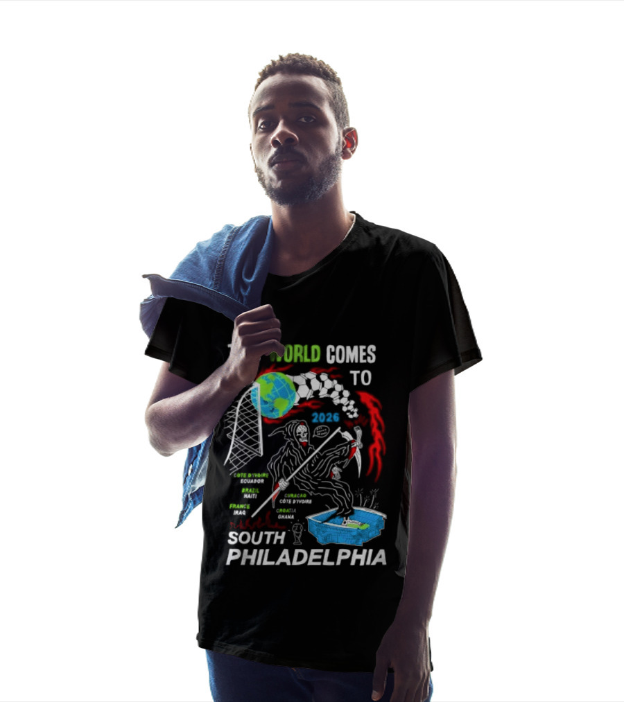The World Comes To South Philadelphia 2026 Soccer Celebration With Global Icons And Dynamic Red Flames T-Shirt
