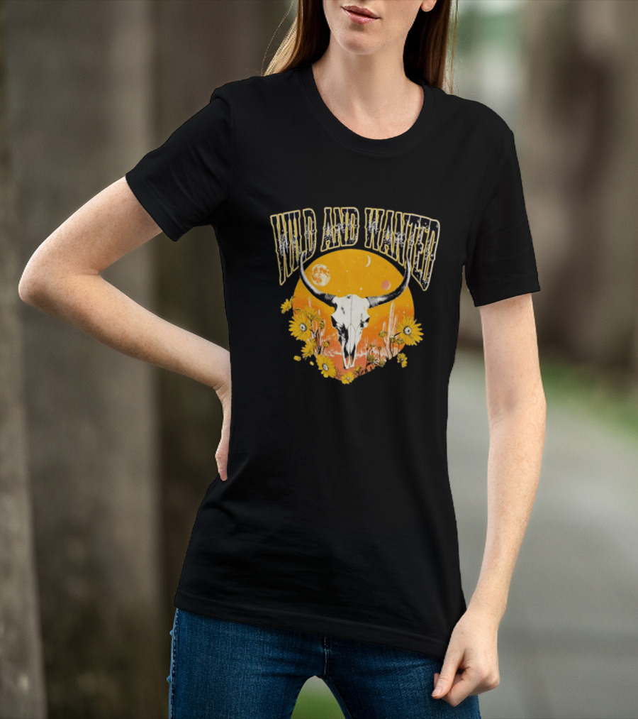 Wild And Wanted Bull Skull Sun Moon Desert Cactus Flowers Western Boho T-Shirt