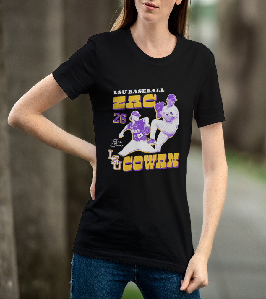 LSU Baseball Zac Cowan 26 Pitching Action Pose T-Shirt