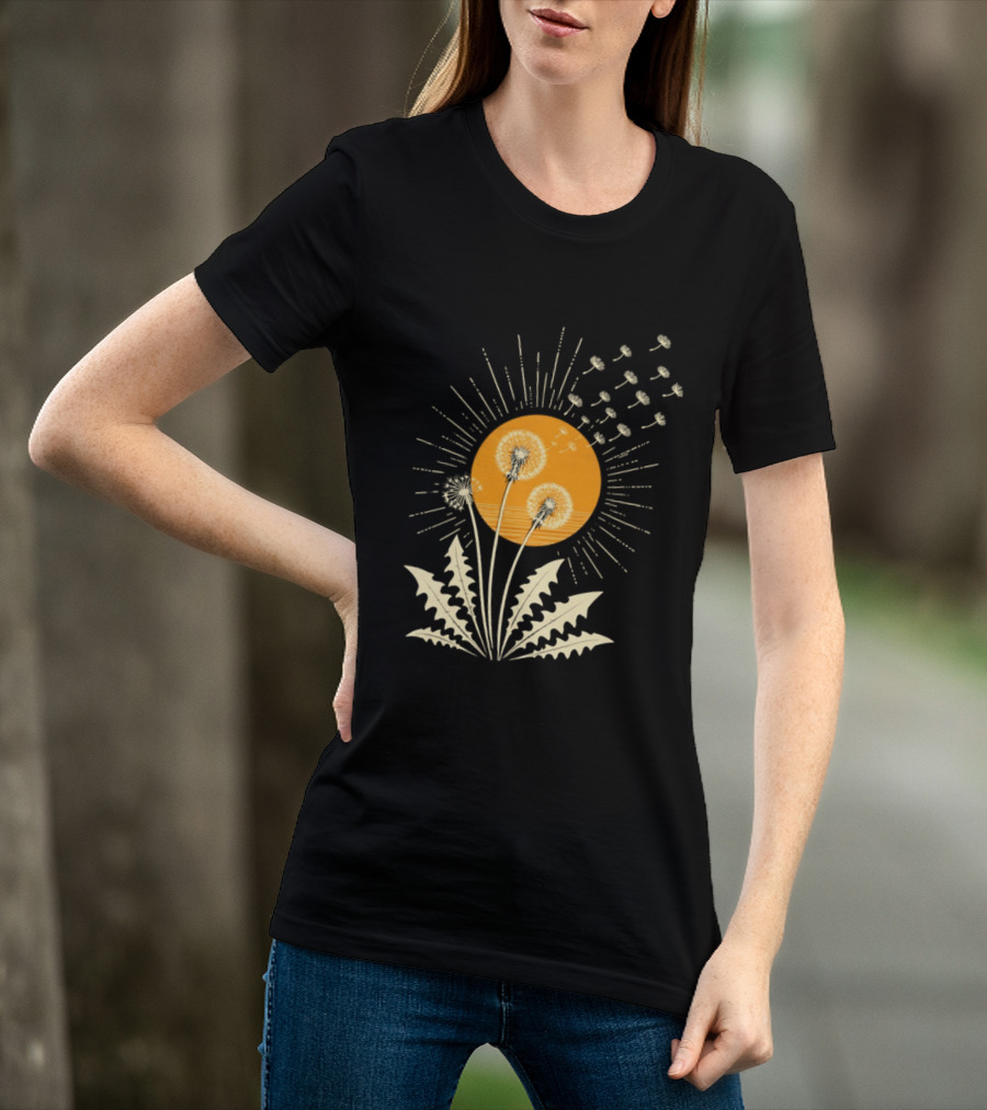 Golden Sunlight Dandelion Seeds Flying Nature Burst T-Shirt