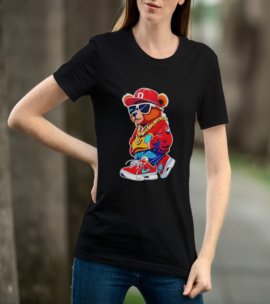 Hip Hop Teddy Bear Swag With Red Cap And Sunglasses T-Shirt
