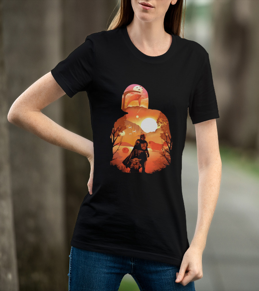 Hunting Companions Bounty Hunter Sunset Mandalorian Grogu Art By Dandingeroz T-Shirt