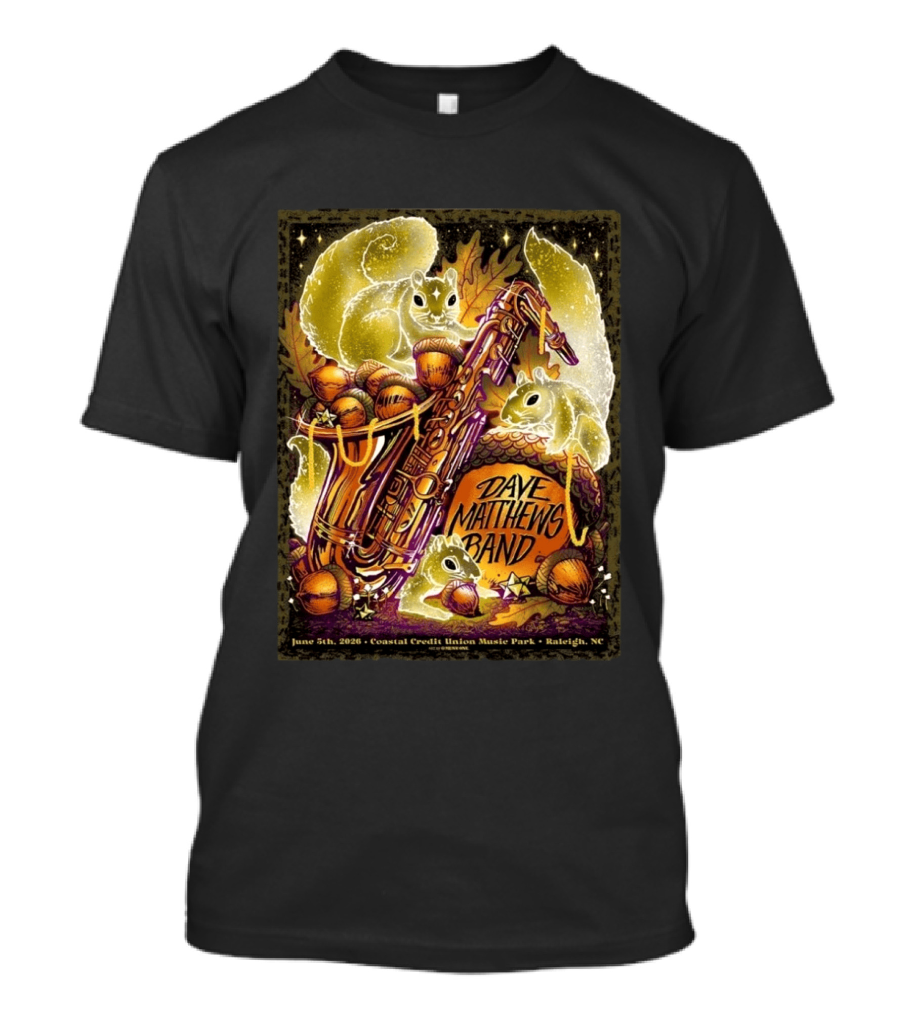 Dave Matthews Band June 5 2026 Coastal Credit Union Music Park Raleigh NC Squirrels Saxophone Acorns T-Shirt