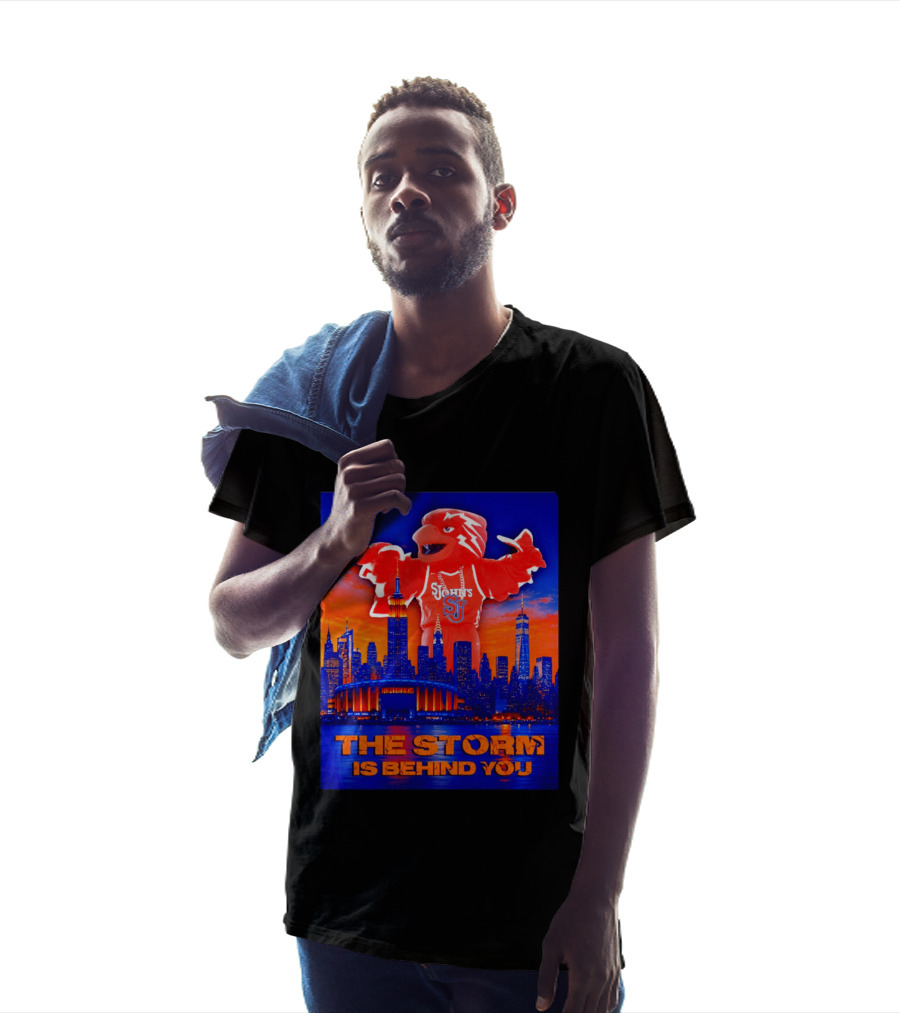 St John's University Red Storm Mascot With New York City Skyline The Storm Is Behind You T-Shirt