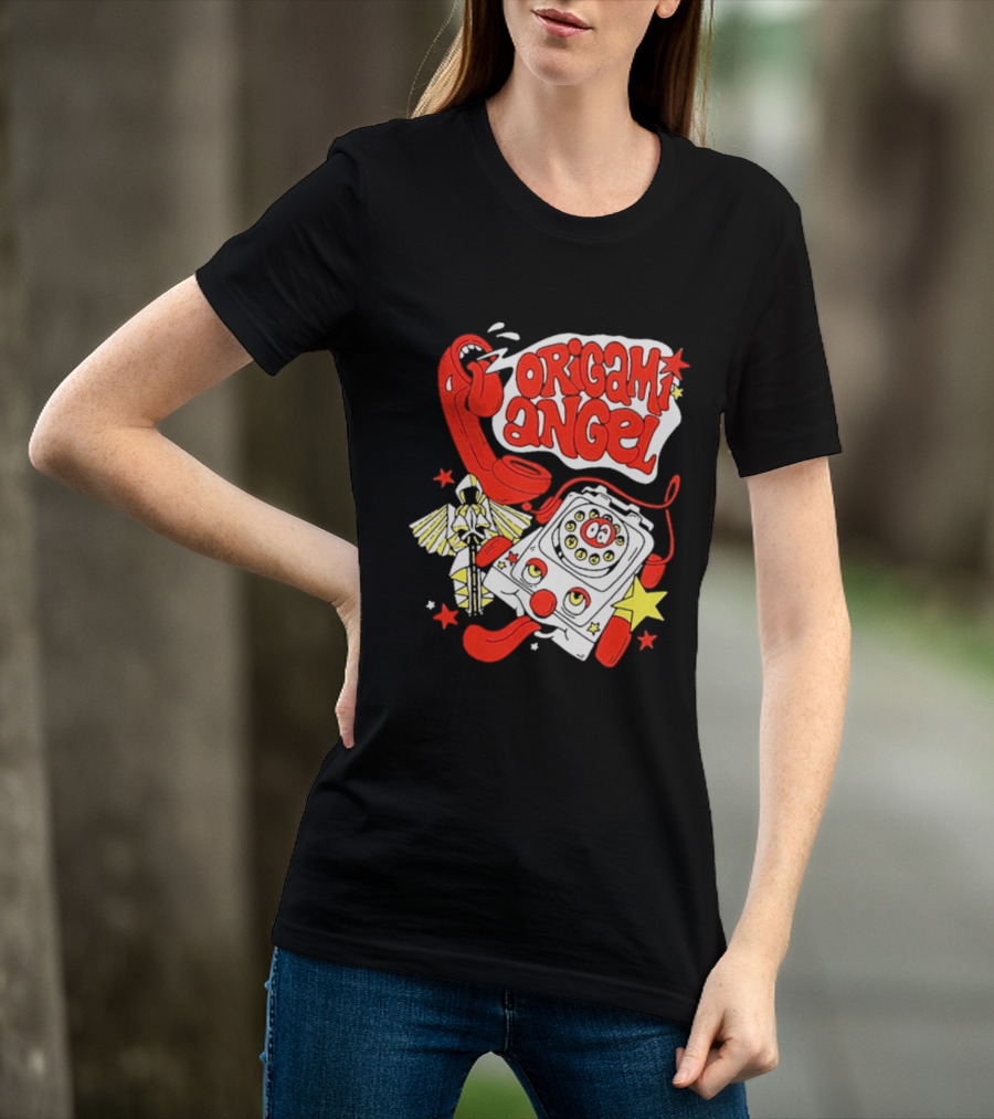 Origami Angel Retro Phone Illustration With Stars And Wings T-Shirt