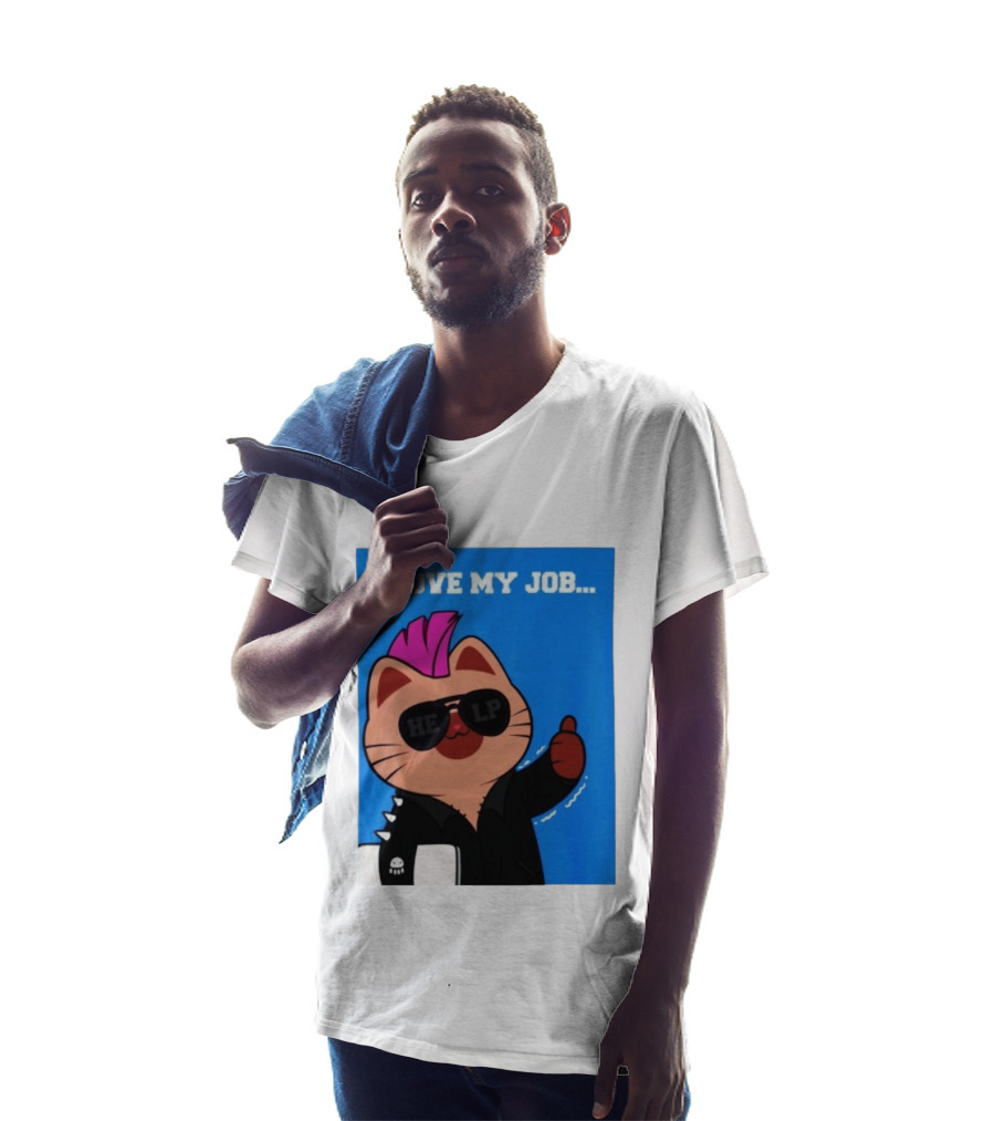 I Love My Job Punk Cat Help Sunglasses Office Humor Thumbs Up T-Shirt