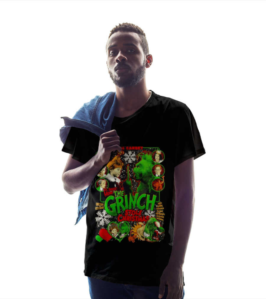 Jim Carrey Dr Seuss How The Grinch Stole Christmas Movie With Characters And Snowflakes T-Shirt