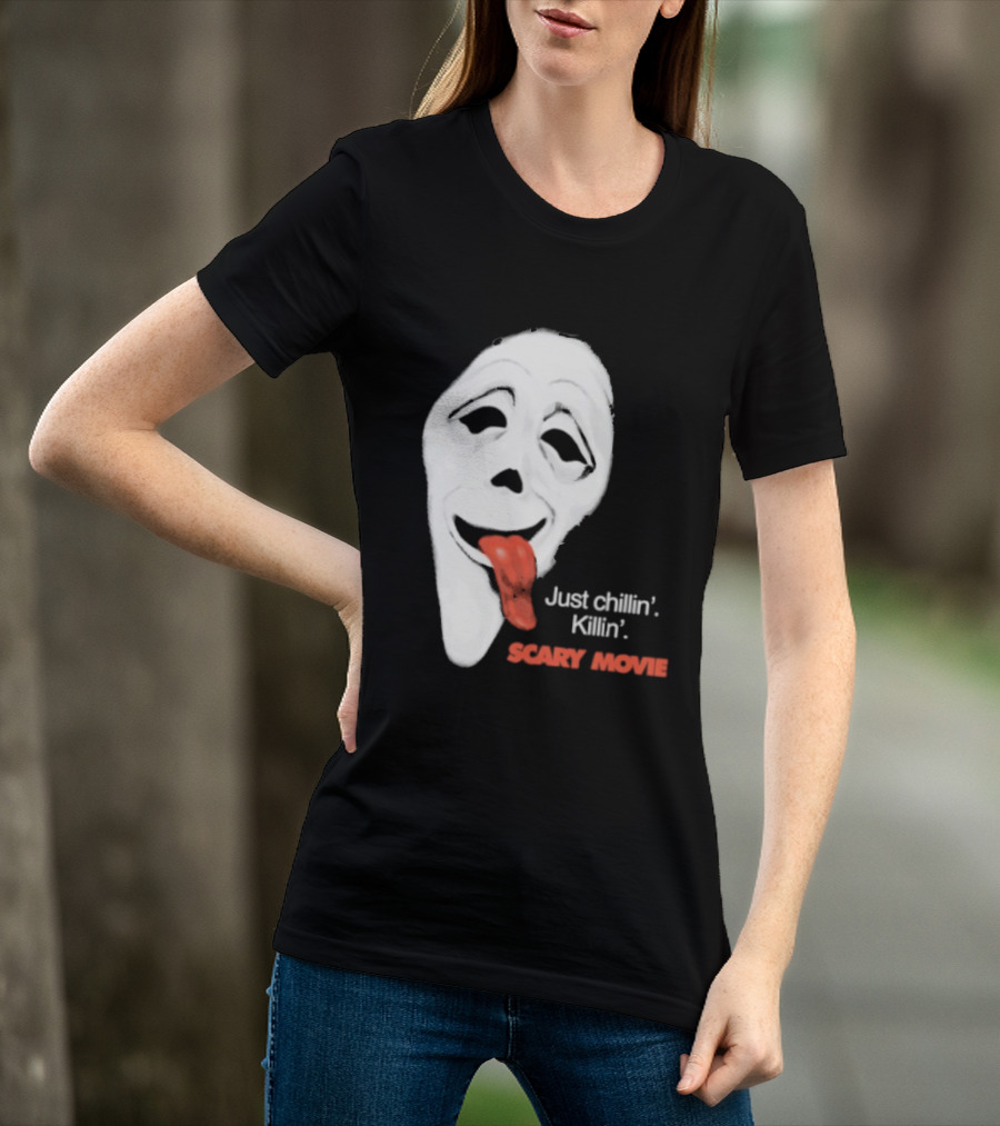 Just Chillin' Killin' Scary Movie Ghostface Mask With Red Tongue T-Shirt