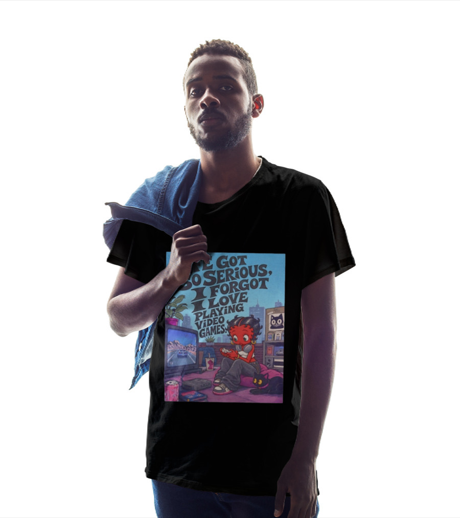 Life Got So Serious I Forgot I Love Playing Video Games City Room Scene Retro Character And Cat T-Shirt