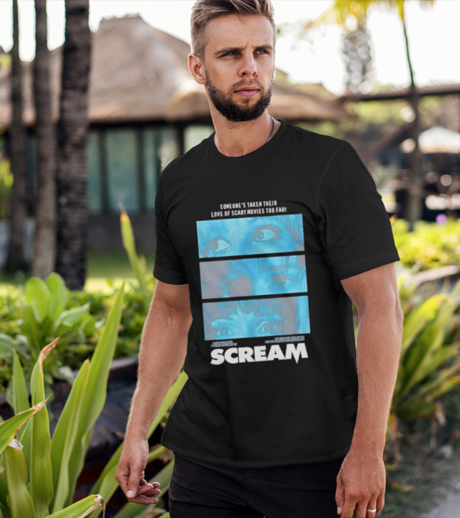 Someone's Taken Their Love Of Scary Movies Too Far Scream Eyes Dramatic Blue Panels T-Shirt