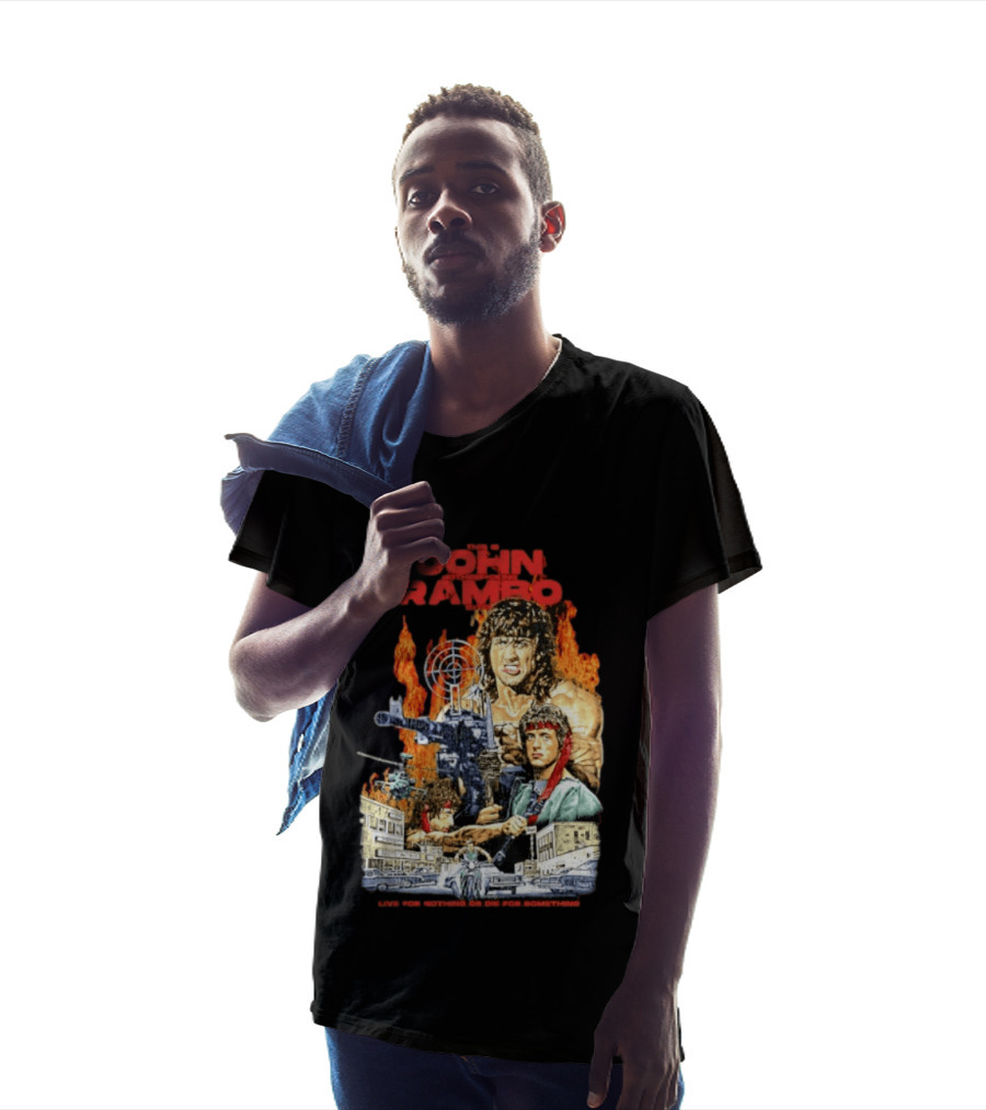 John Rambo Live For Nothing Or Die For Something Iconic Action Movie Art With Explosions And Gun Scenes T-Shirt