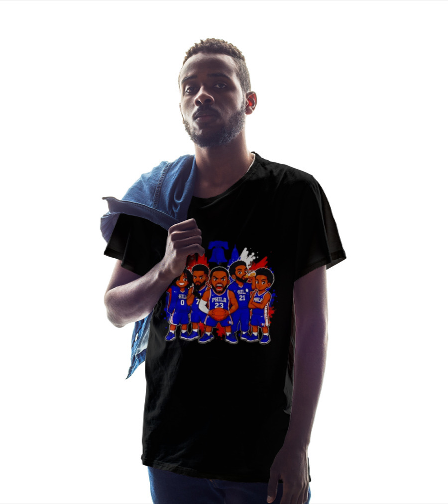 Philadelphia 76ers Cartoon Players With Liberty Bell Skyline T-Shirt