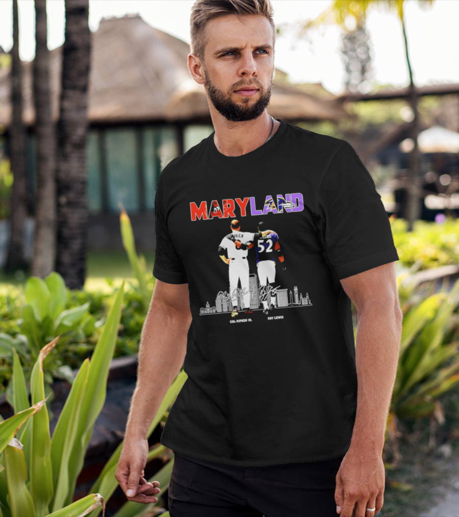 Maryland Cal Ripken Jr 8 Baltimore Orioles Ray Lewis 52 Baltimore Ravens Skyline T-Shirt