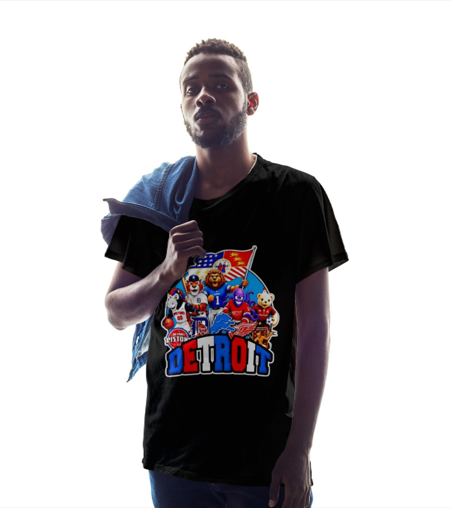 Detroit Lions Tigers Pistons Red Wings Mascots With Flag T-Shirt