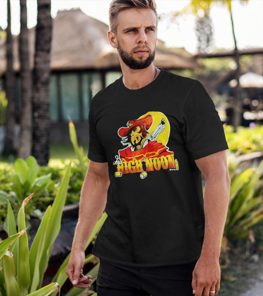 It's High Noon Cowboy With Red Cape And Pistol In Front Of Yellow Sun T-Shirt