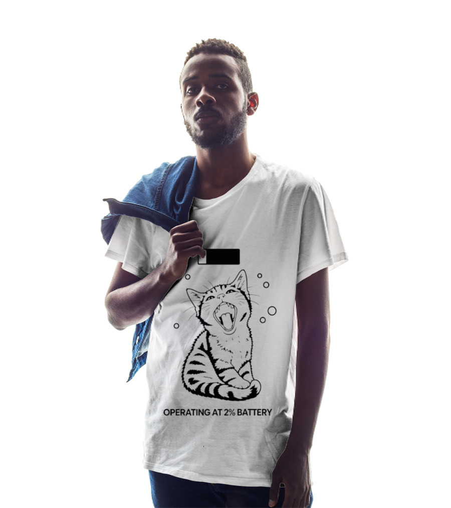 Tired Kitten Yawning Operating At 2% Battery T-Shirt