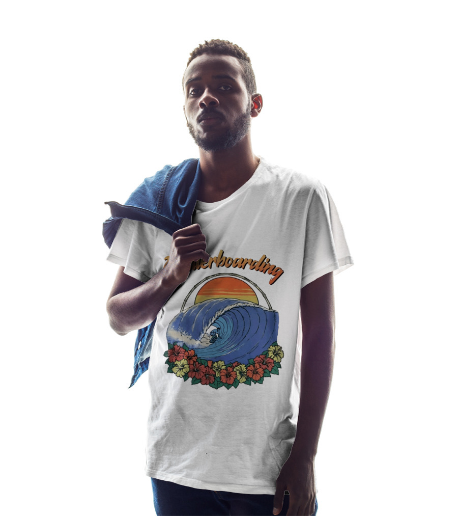 Waterboarding Surfing Tropical Hibiscus Flower Sunset Wave T-Shirt