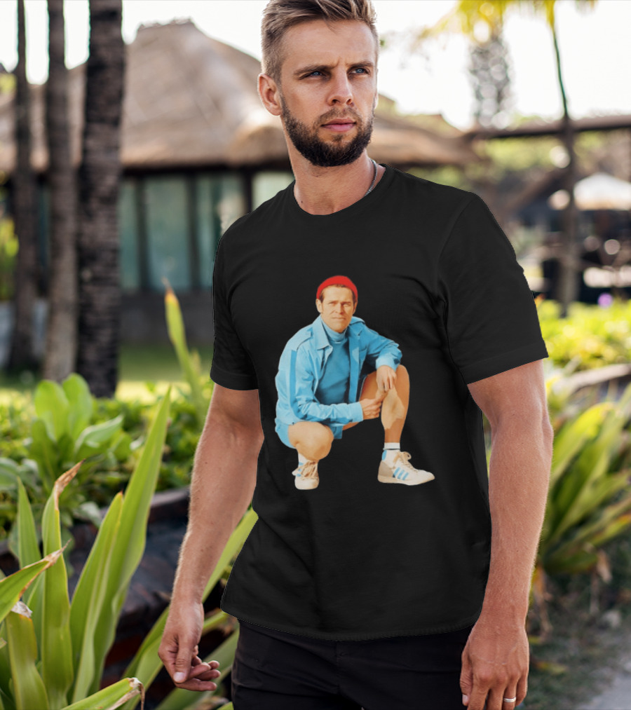Klaus Willem Dafoe Retro Style With Red Beanie And Blue Tracksuit T-Shirt