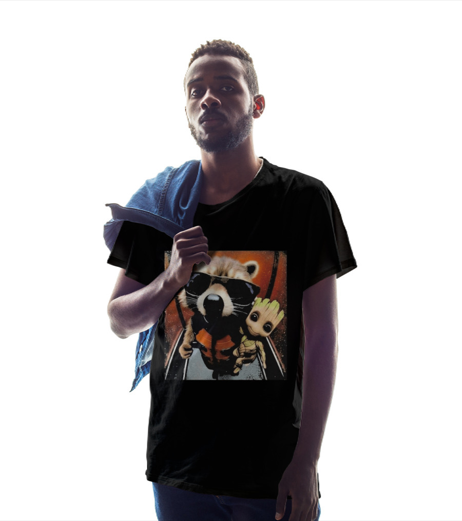 John Bates Raccoon And Baby Tree Alien With Sunglasses And Orange Suit T-Shirt