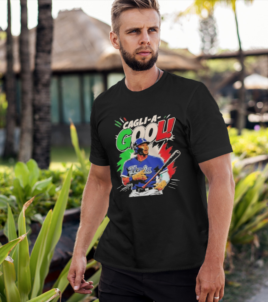 Cagli A Gool Italia Baseball Player Hitter With Italian Flag T-Shirt