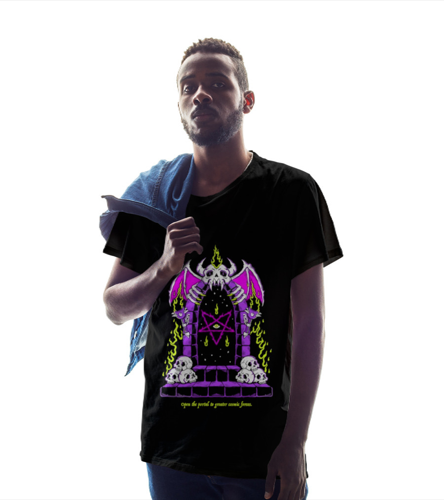 Open The Portal To Greater Cosmic Forces Pentagram Skull With Bat Wings And All Seeing Eye T-Shirt