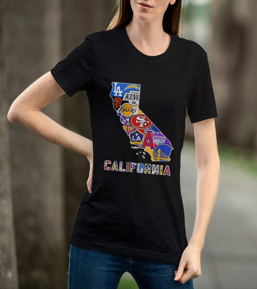 California Map Collage With 49ers Lakers Kings Giants Angels Dodgers Logos 2026 T-Shirt