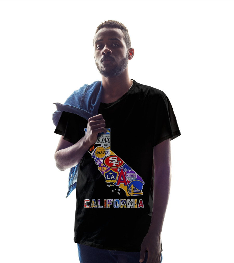 California Map Collage With 49ers Lakers Kings Giants Angels Dodgers Logos 2026 T-Shirt